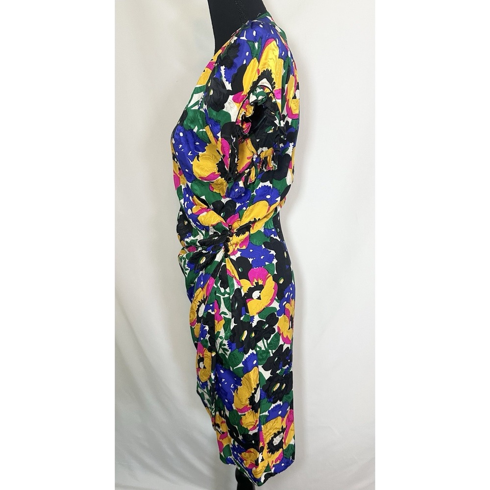 VTG *RARE* 1980's Flora Kung 100% Silk Colorful Floral Puff Sleeve Wrap Dress 6 - Picture 2 of 16